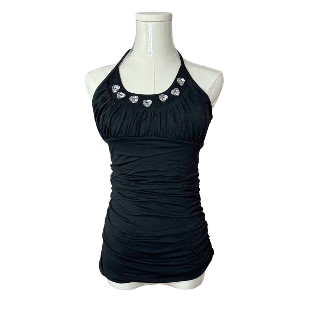 2B Bebe Y2K Vintage Ruched Halter Top Black Rhinestone Heart Gem Sz M - Picture 2 of 10